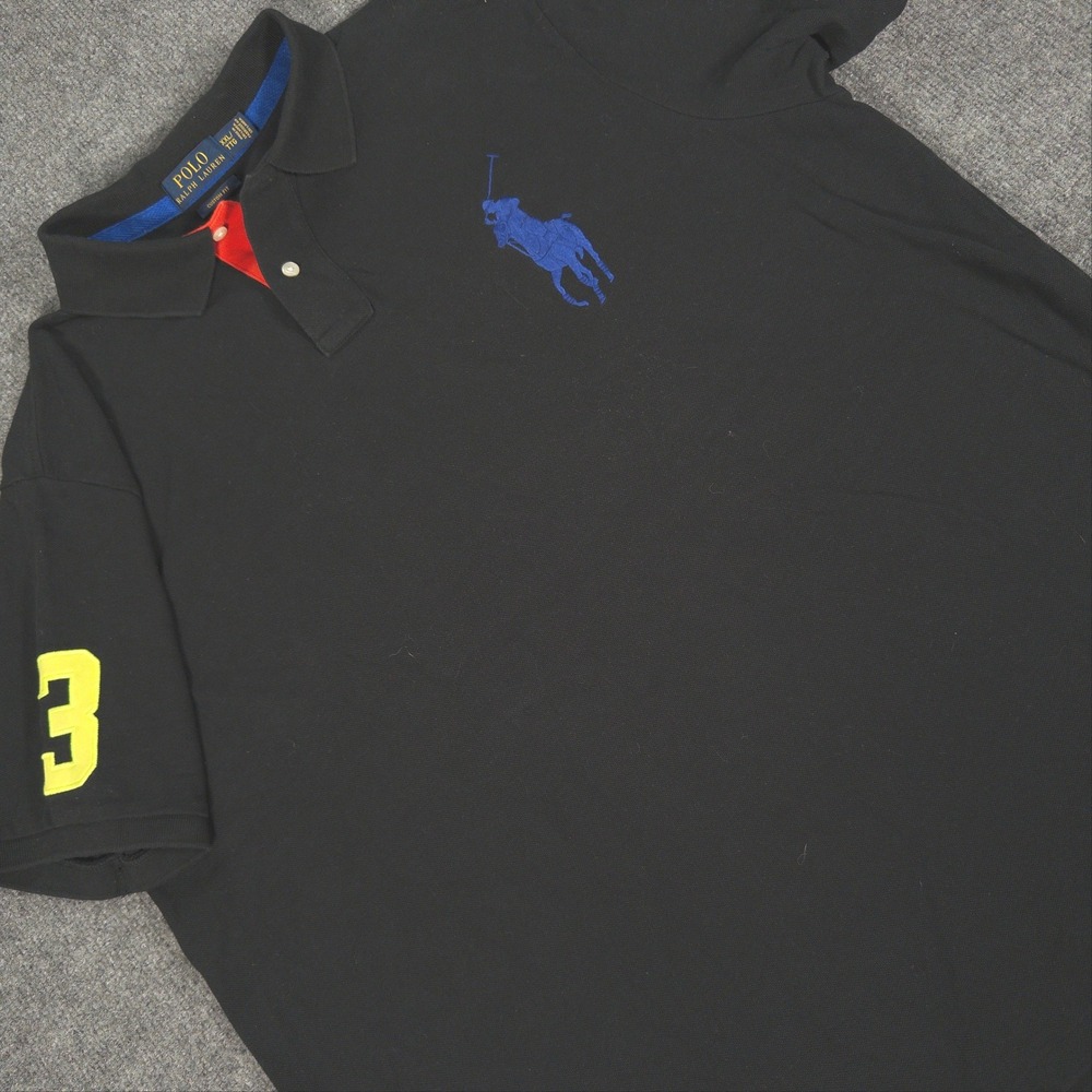 Polo Ralph Lauren Men XXL Big Pony Polo Shirt Black Custom Fit Blue Yellow #4849